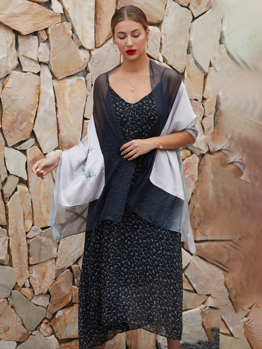 Handmade Suzhou Embroidery Orchid Silk Scarf with Sheer Wrap