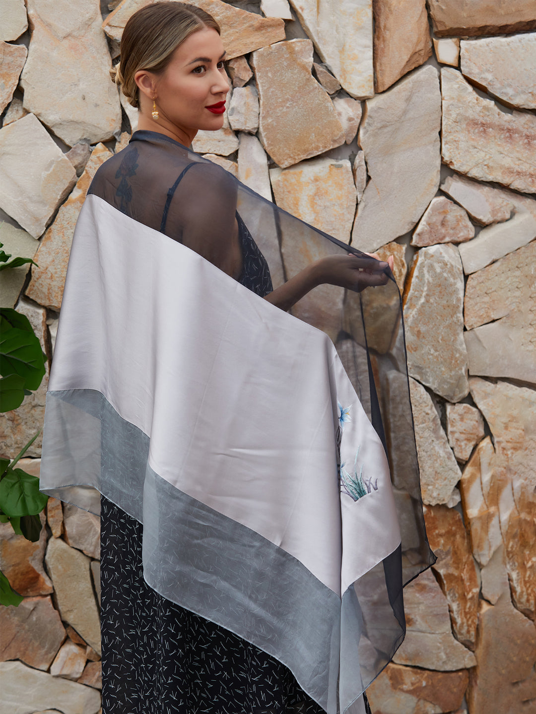 Handmade Suzhou Embroidery Orchid Silk Scarf with Sheer Wrap