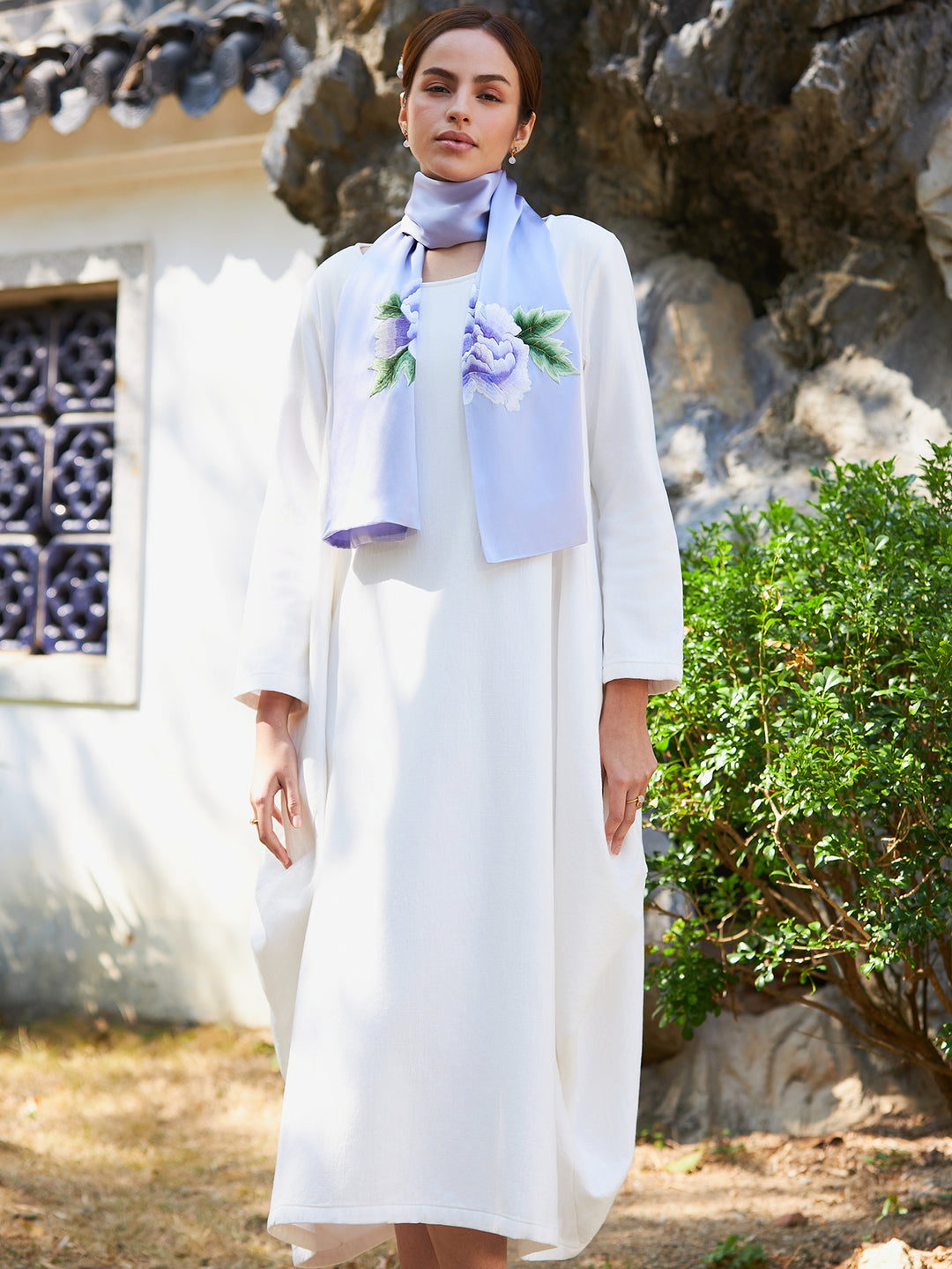 Hand-Embroidered Purple Peony Silk Scarf | Su Xiu Heritage