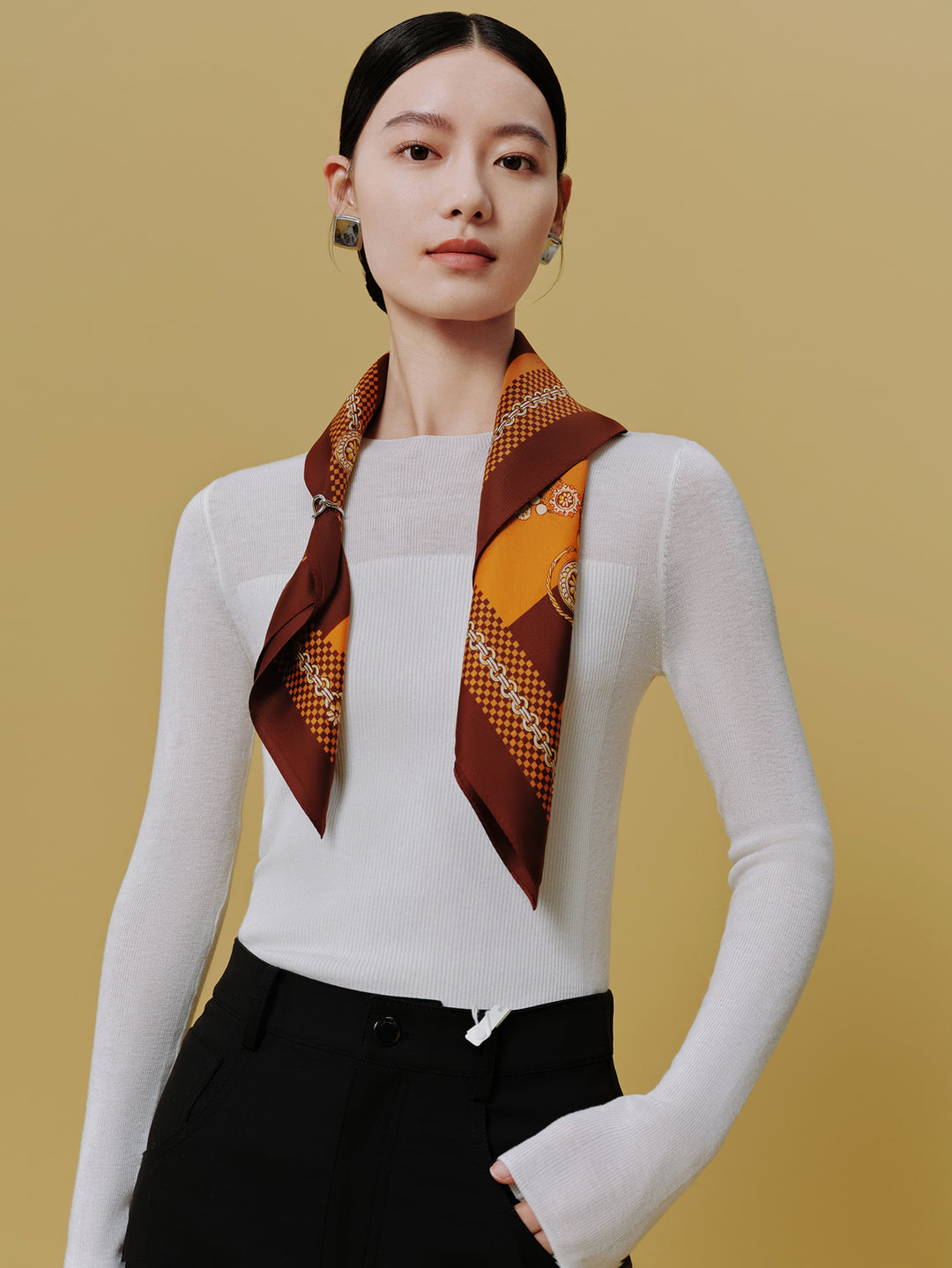 Exquisite Mulberry Silk Medium Square Scarf for Women – Double-Sided Print – Wensli Auspicious Persimmon Ode and Iridescent Elegance