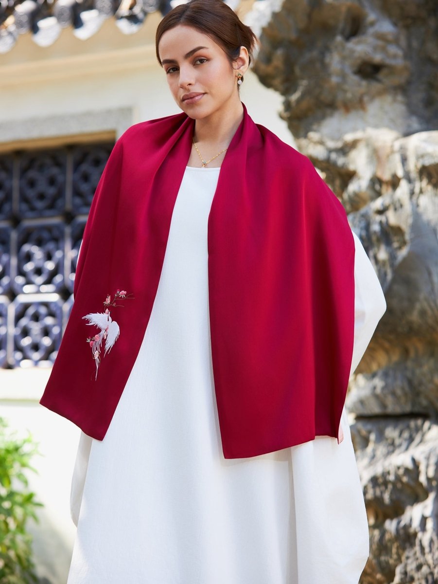 Handmade Su Xiu Silk Scarf – Red White Phoenix Embroidery – Yomkey