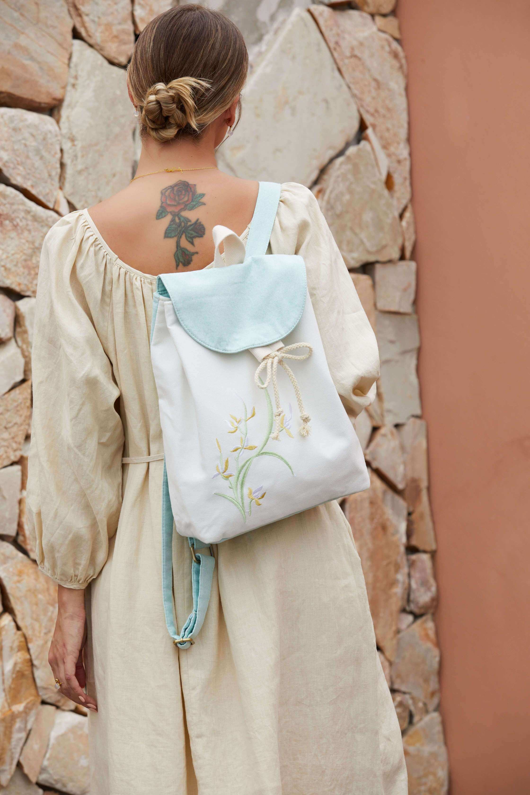 Artistic Large Canvas Backpack with Unique Floral Embroideries