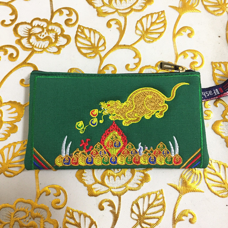 Exquisite Chinese Tibetan Style Embroidered Canvas Wallet, Green Color Coin Purse with Tibetan Wealth God and Rat Embroidery.