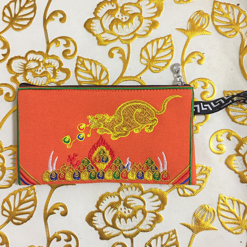 Exquisite Chinese Tibetan Style Embroidered Canvas Wallet, Tangerine Color Coin Purse with Tibetan Wealth God and Rat Embroidery.