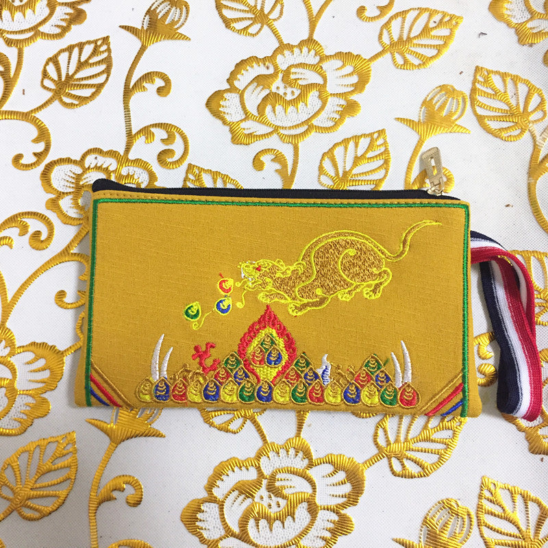 Exquisite Chinese Tibetan Style Embroidered Canvas Wallet, Ginger Color Coin Purse with Tibetan Wealth God and Rat Embroidery.