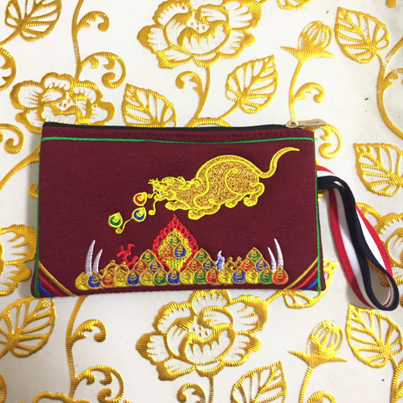 Exquisite Chinese Tibetan Style Embroidered Canvas Wallet, Deep Burgundy Red Color Coin Purse with Tibetan Wealth God and Rat Embroidery