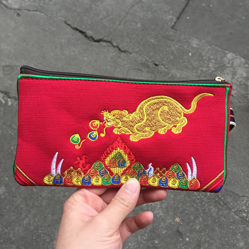 Exquisite Chinese Tibetan Style Embroidered Canvas Wallet, Red Color Coin Purse with Tibetan Wealth God and Rat Embroidery