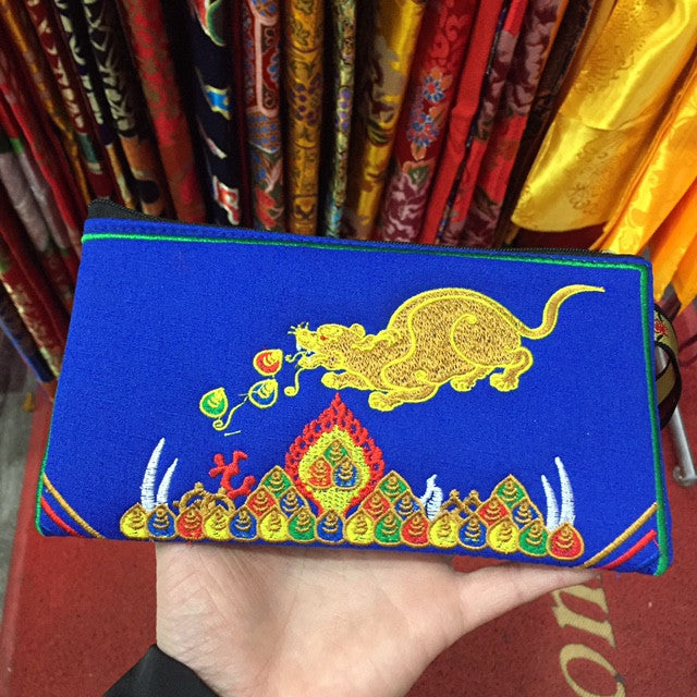 Exquisite Chinese Tibetan Style Embroidered Canvas Wallet, Blue Color Coin Purse with Tibetan Wealth God and Rat Embroidery