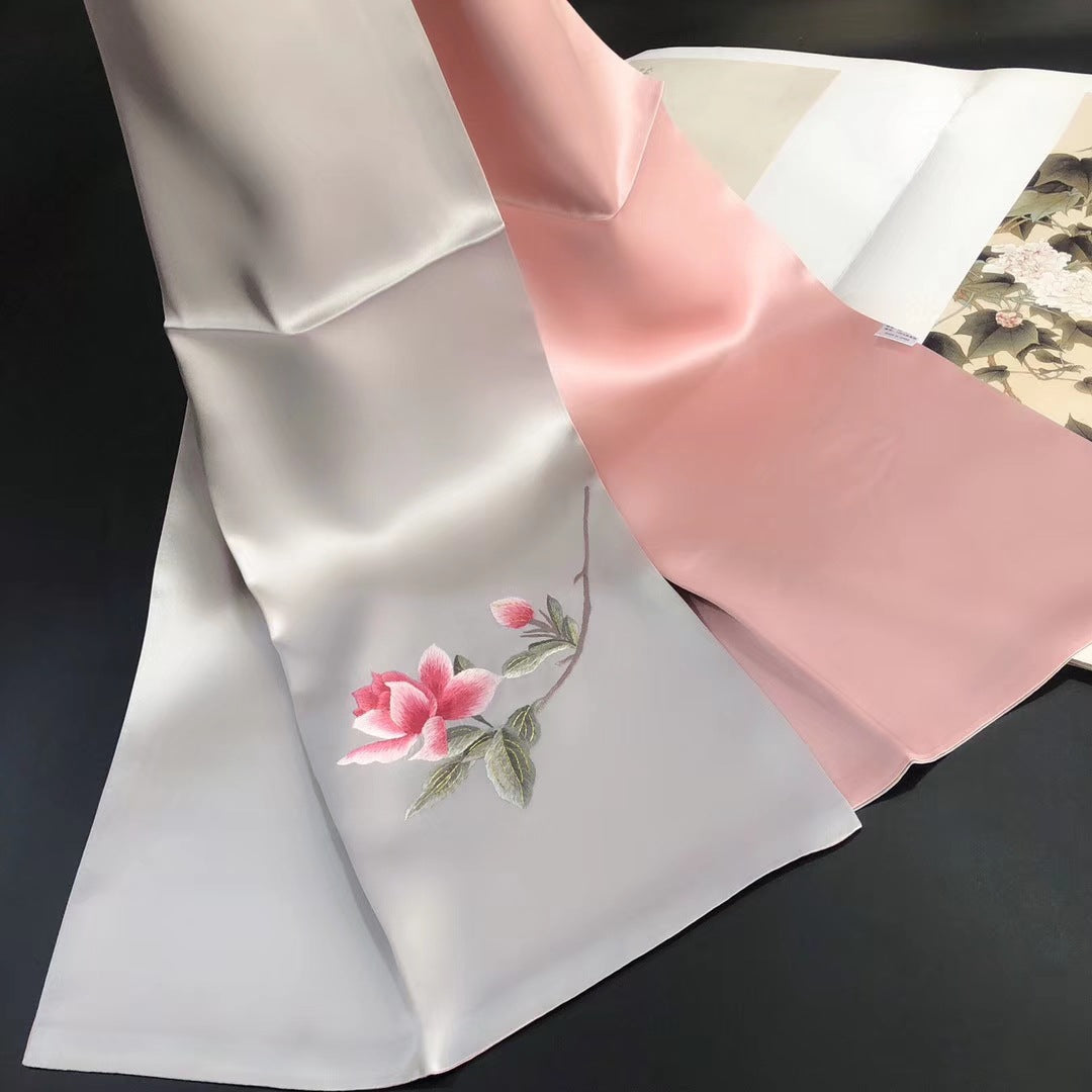 Exquisite Chinese Handcrafted Silk Scarf with Orange Blossom Embroidery, Champagne and Pink Double-Sided Fabric