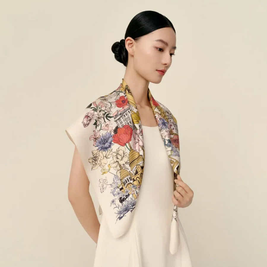 18 Momme Silk Scarf: Breathable, Double - Sided Paris Floral Luxury - Yomkey