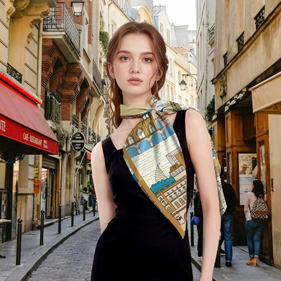 18 Momme Silk Scarf: Breathable Paris Time Walk Art & Global Luxury - Yomkey