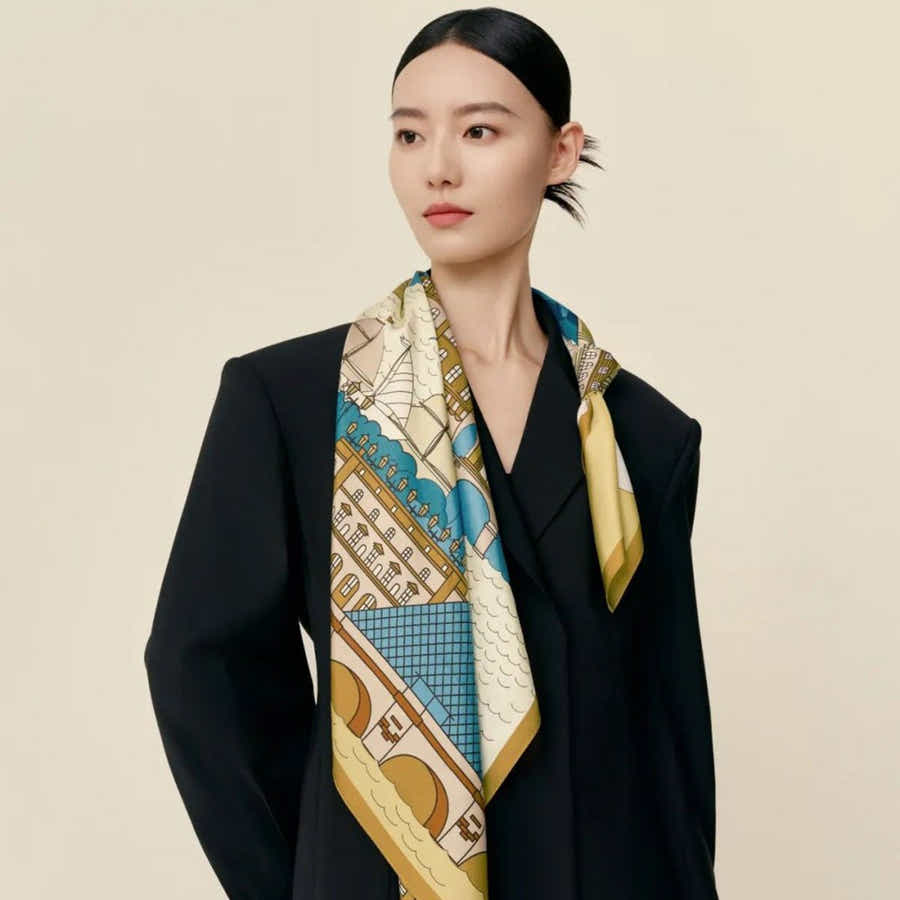 18 Momme Silk Scarf: Breathable Paris Time Walk Art & Global Luxury - Yomkey
