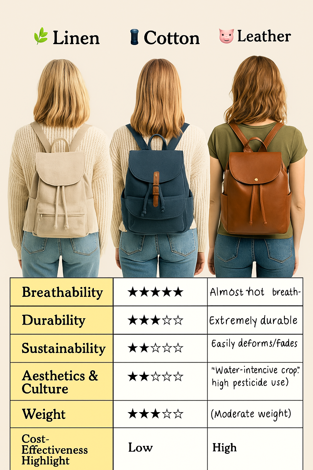 Comparison of canvas material with cotton fabric and leather material