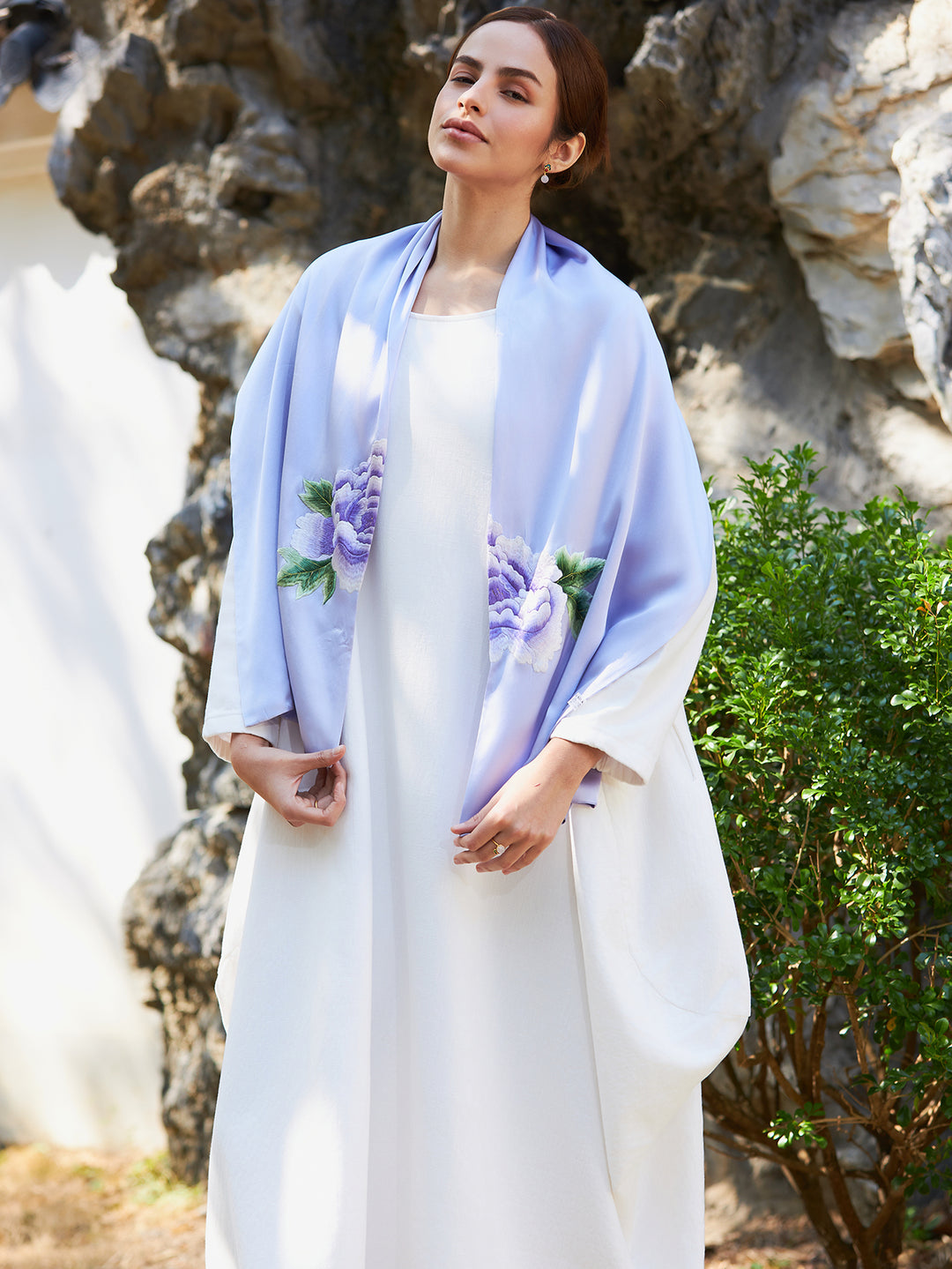Exquisite Traditional Chinese Handcrafted Silk Scarf with Tree Peony Embroidery, Purple Color