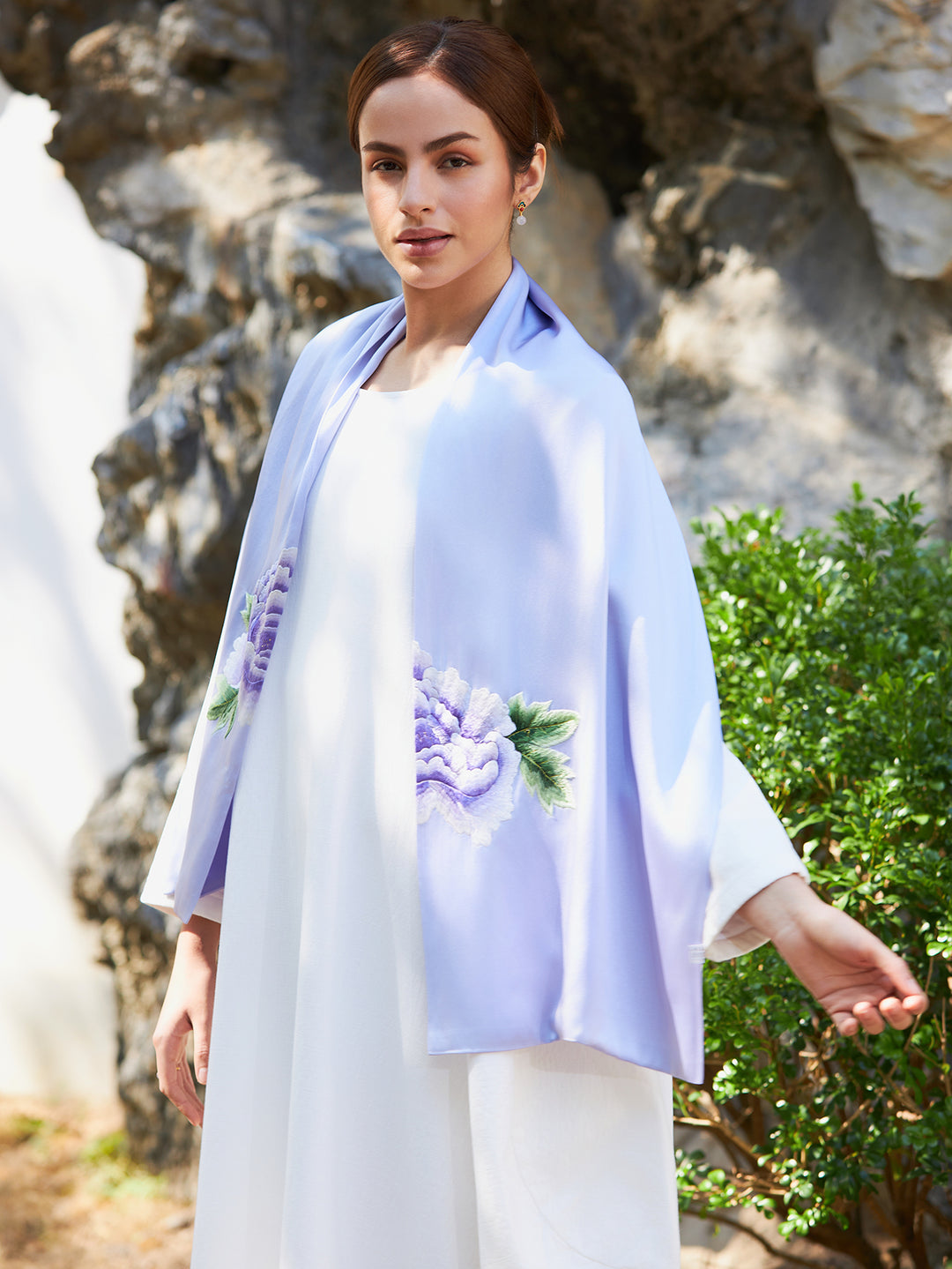 Exquisite Traditional Chinese Handcrafted Silk Scarf with Tree Peony Embroidery, Purple Color