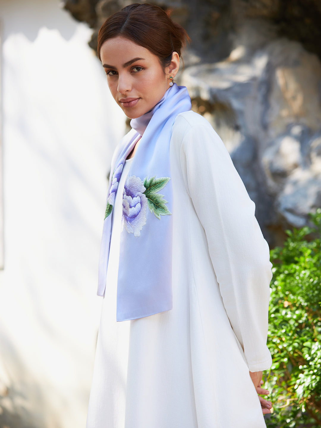 Exquisite Traditional Chinese Handcrafted Silk Scarf with Tree Peony Embroidery, Purple Color
