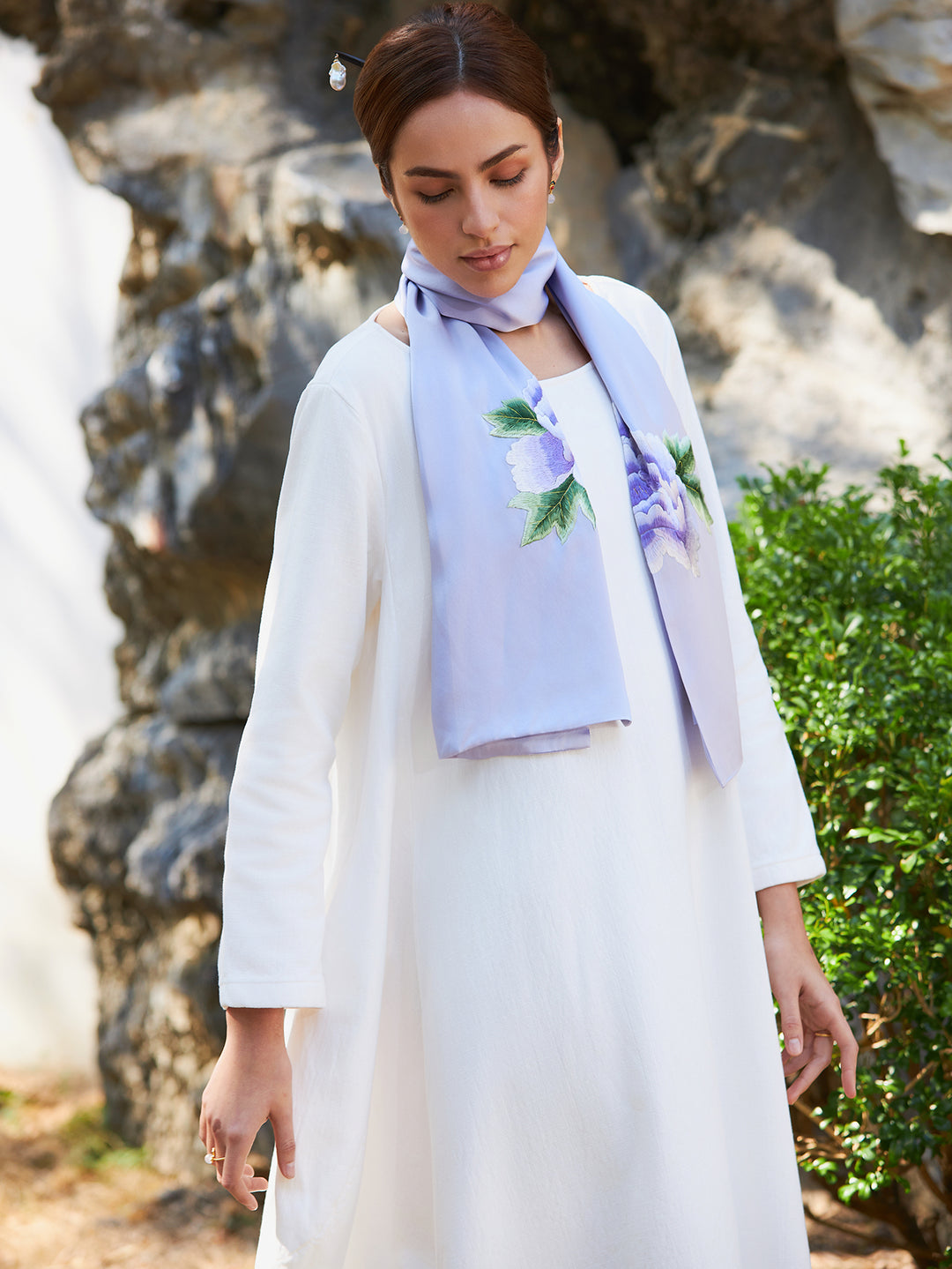 Exquisite Traditional Chinese Handcrafted Silk Scarf with Tree Peony Embroidery, Purple Color