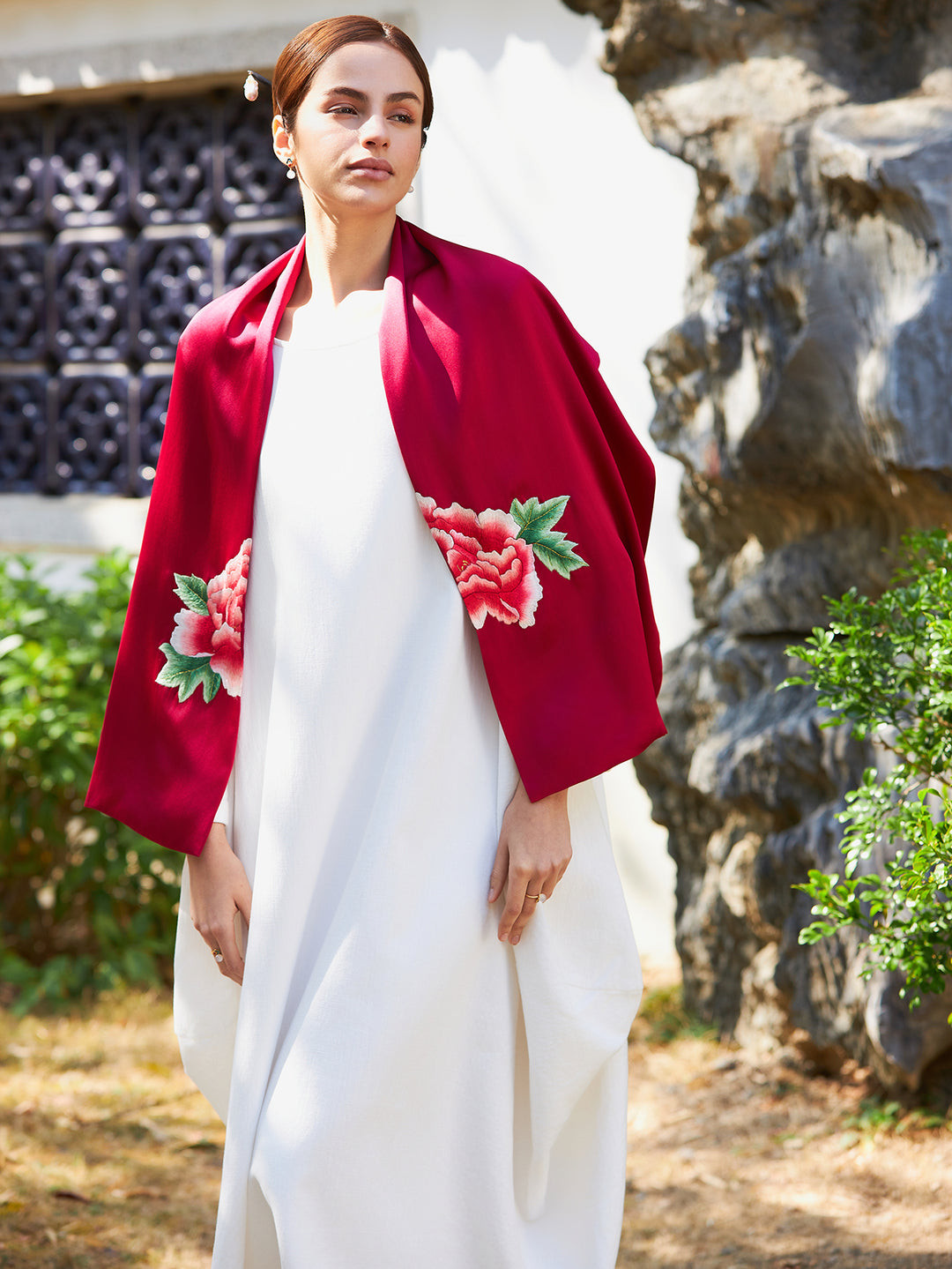 Exquisite Chinese Handcrafted Silk Scarf with Tree Peony Embroidery, Red Color