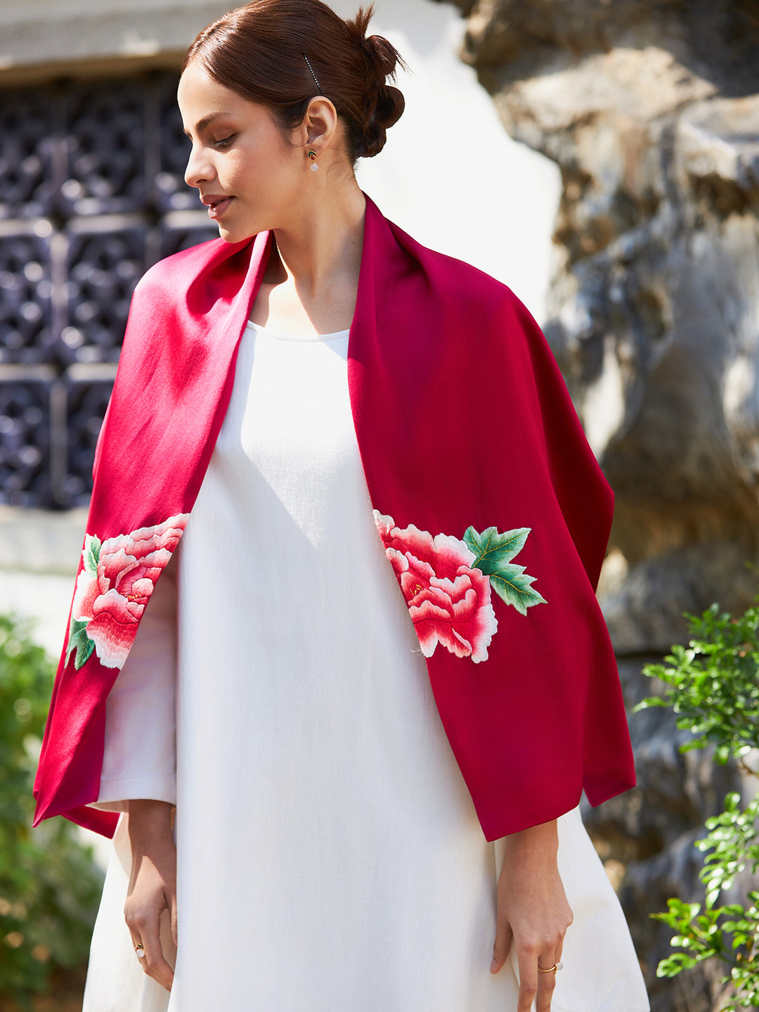 Exquisite Chinese Handcrafted Silk Scarf with Tree Peony Embroidery, Red Color