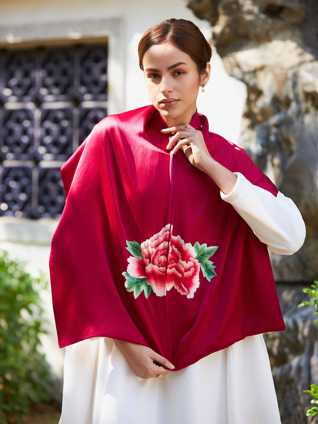 Exquisite Chinese Handcrafted Silk Scarf with Tree Peony Embroidery, Red Color