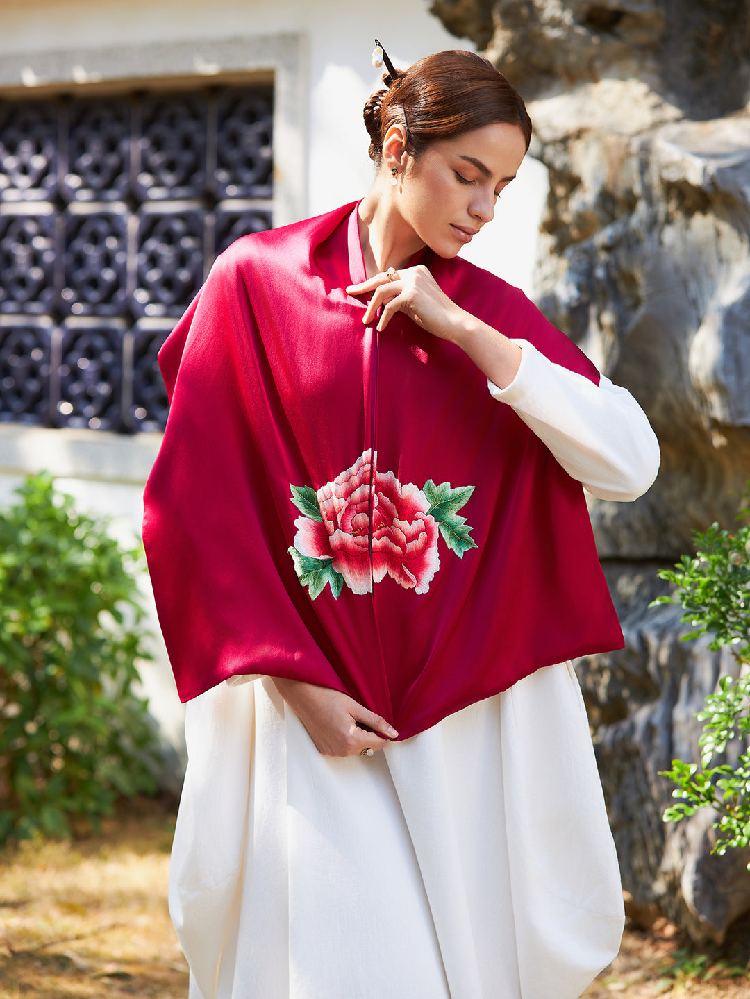 Exquisite Chinese Handcrafted Silk Scarf with Tree Peony Embroidery, Red Color