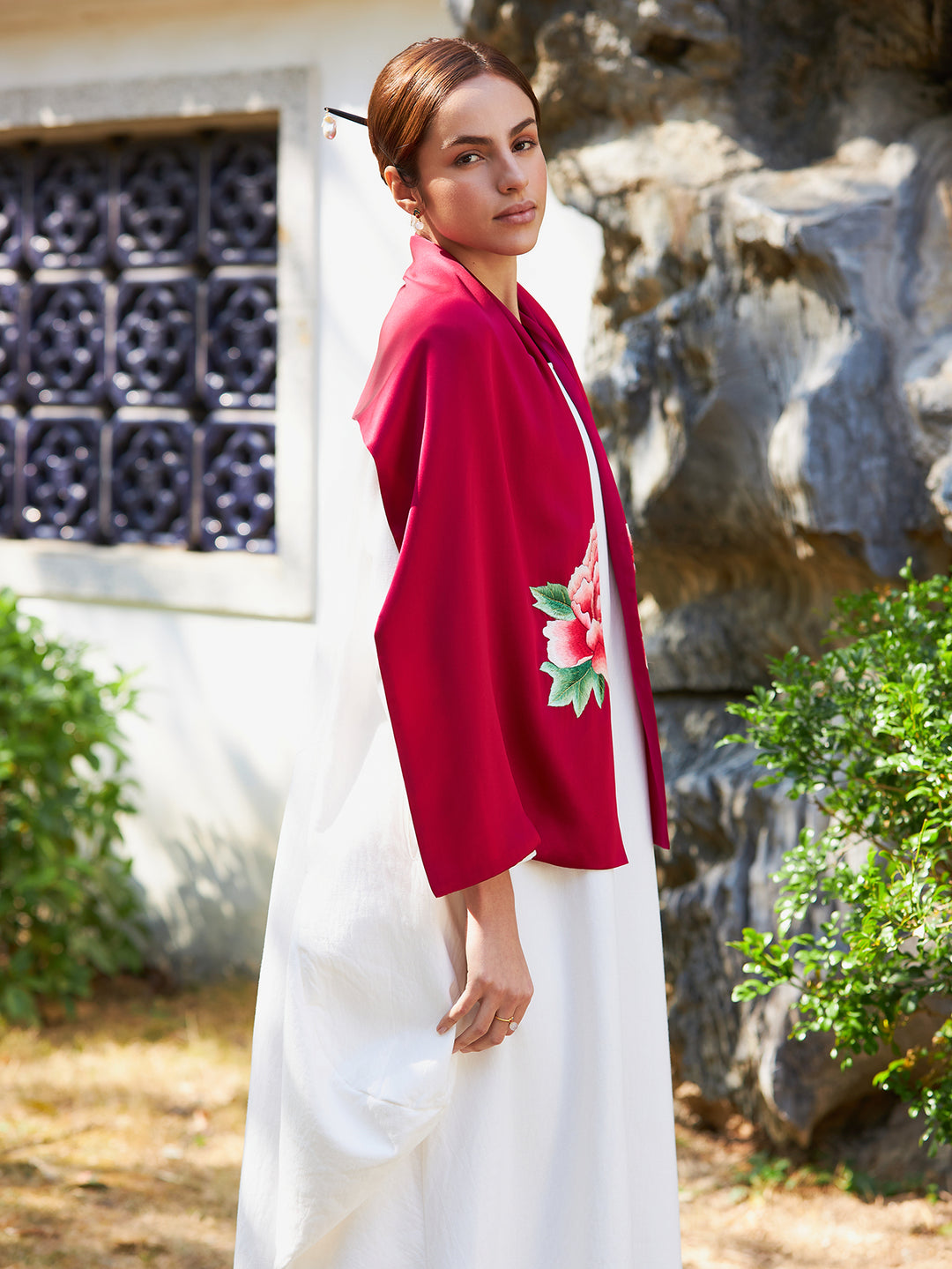 Exquisite Chinese Handcrafted Silk Scarf with Tree Peony Embroidery, Red Color