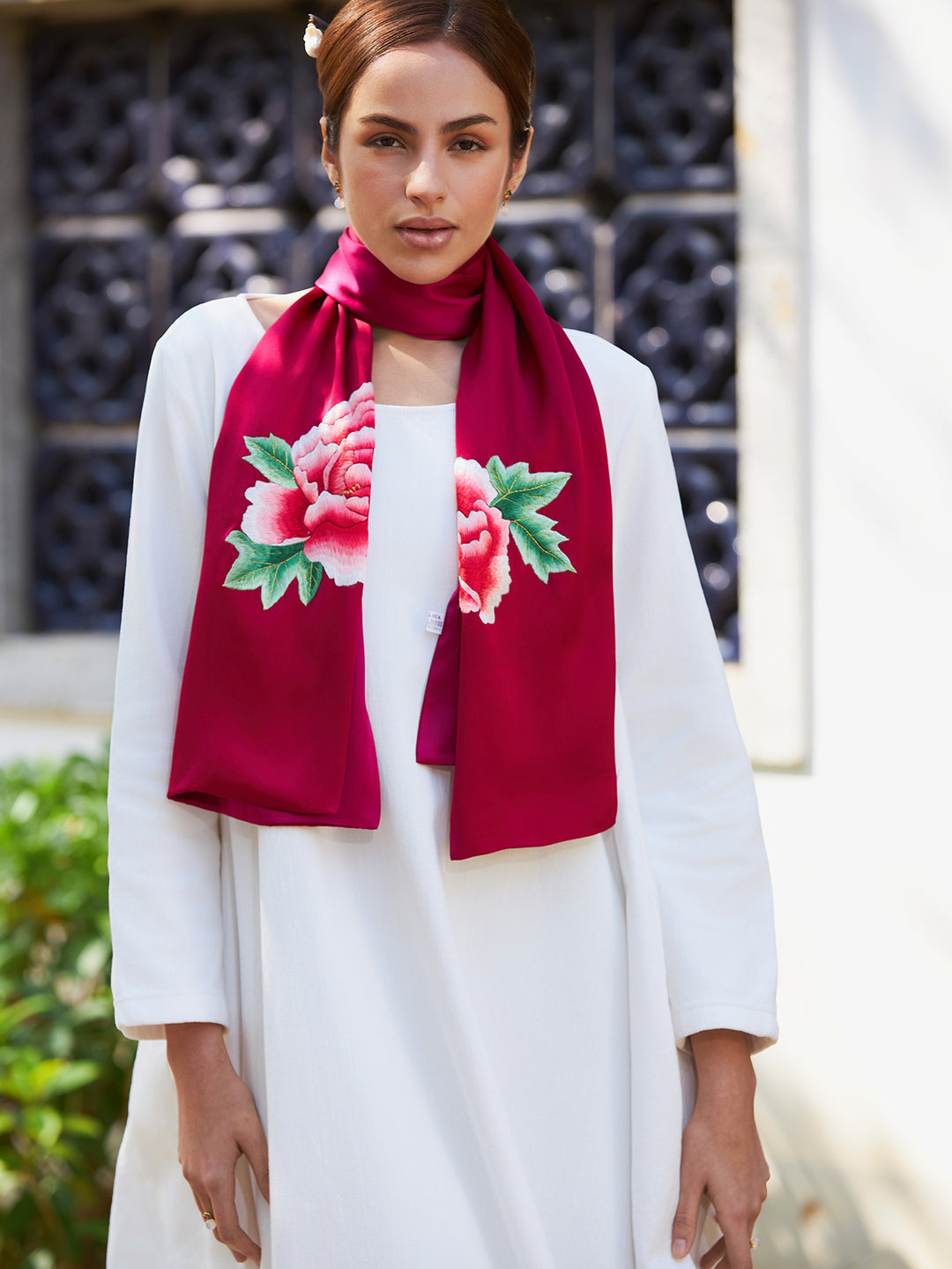Exquisite Chinese Handcrafted Silk Scarf with Tree Peony Embroidery, Red Color