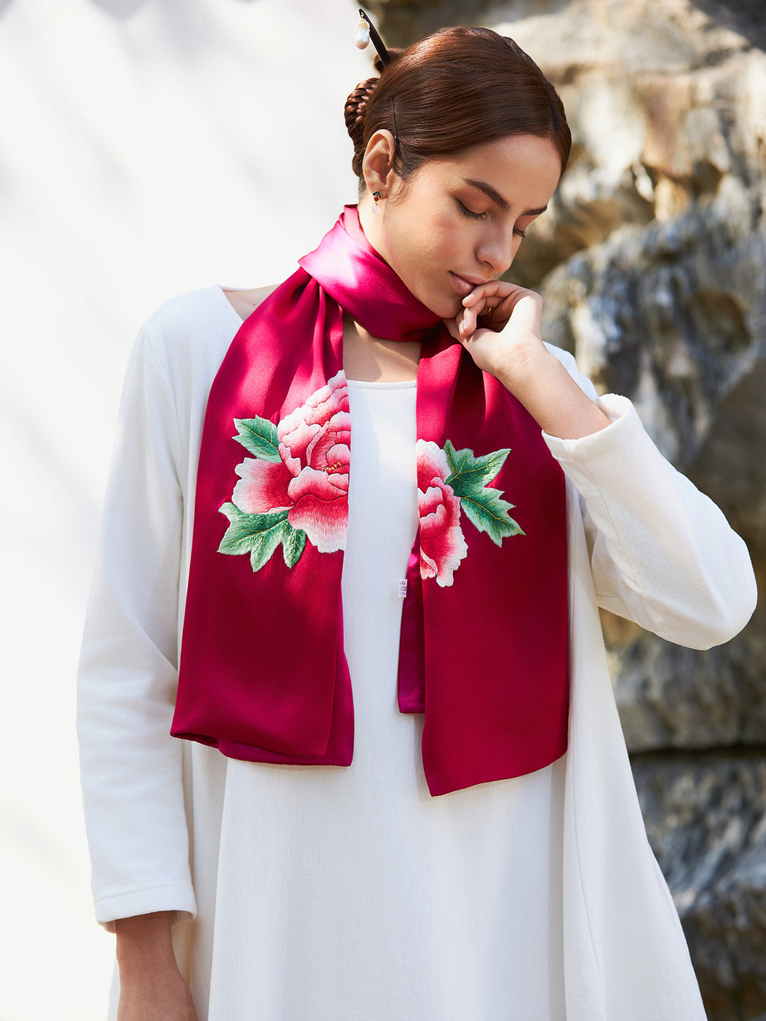 Exquisite Chinese Handcrafted Silk Scarf with Tree Peony Embroidery, Red Color