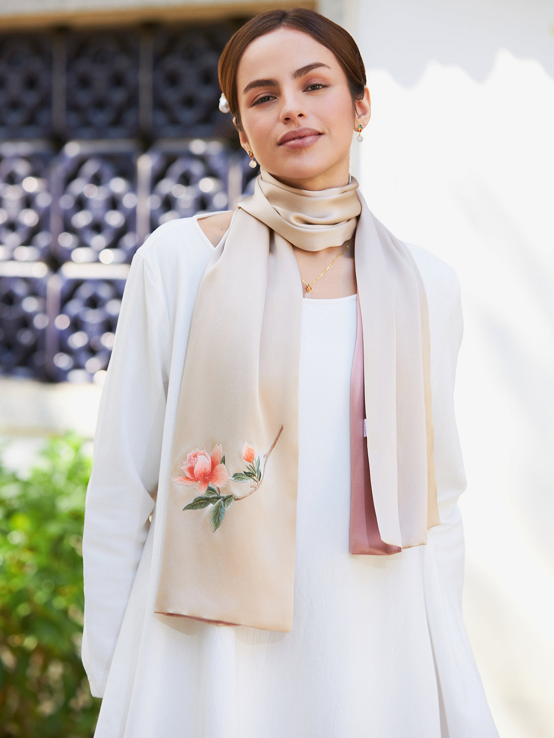 Exquisite Chinese Handcrafted Silk Scarf with Orange Blossom Embroidery, Champagne and Pink Double-Sided Fabric