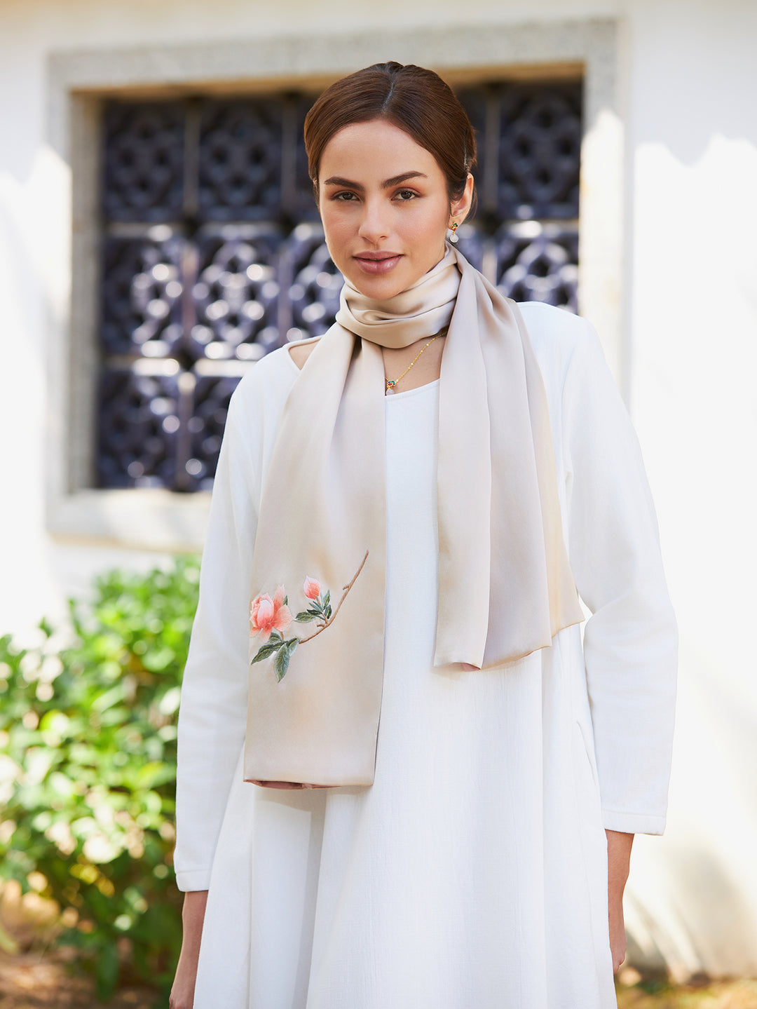 Exquisite Chinese Handcrafted Silk Scarf with Orange Blossom Embroidery, Champagne and Pink Double-Sided Fabric