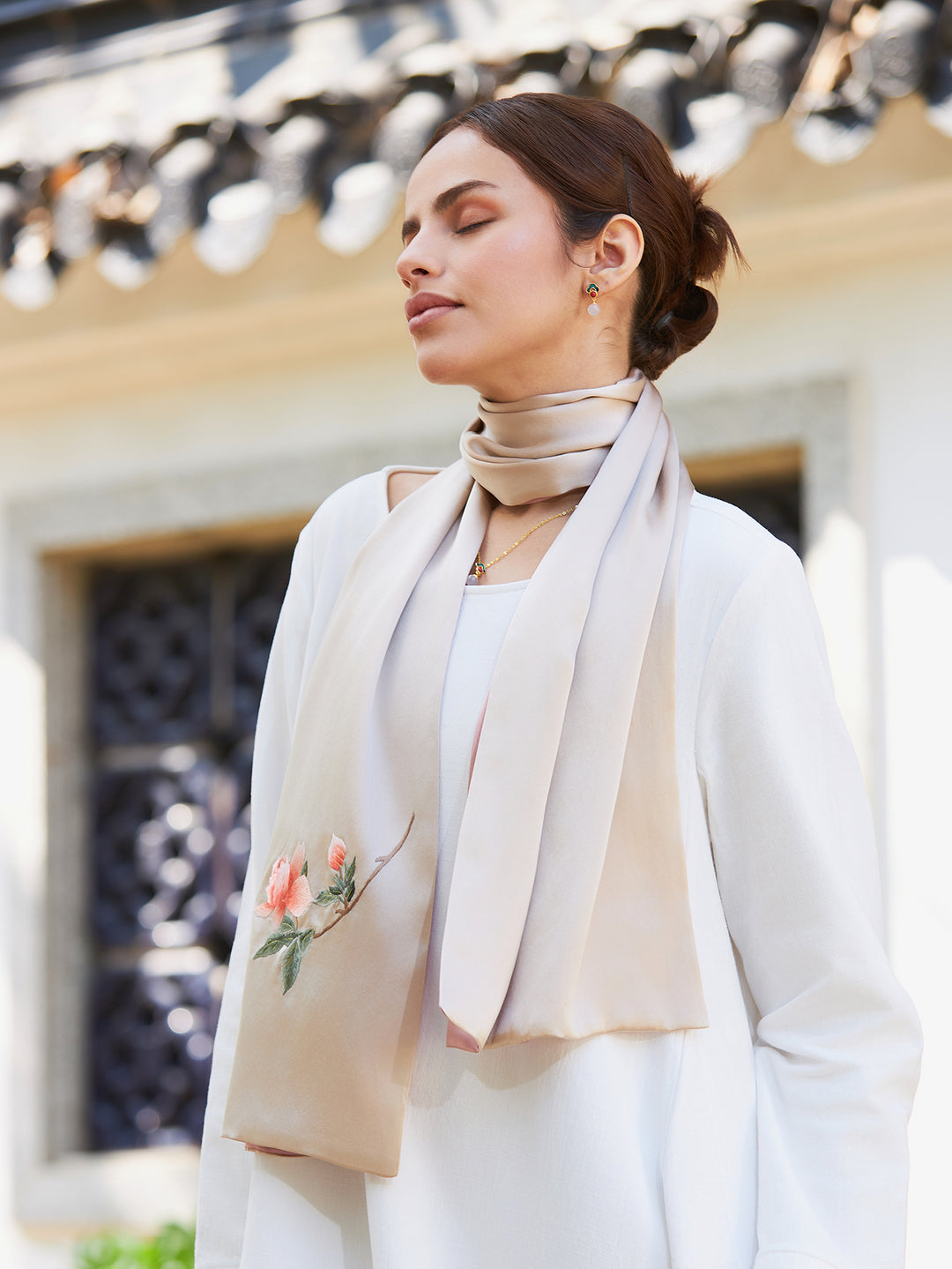 Exquisite Chinese Handcrafted Silk Scarf with Orange Blossom Embroidery, Champagne and Pink Double-Sided Fabric