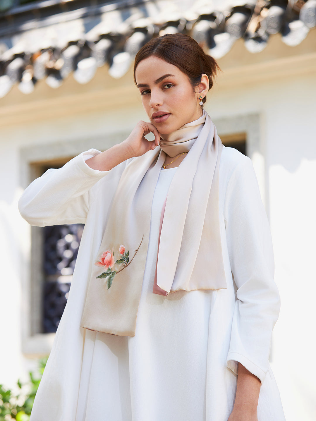 Exquisite Chinese Handcrafted Silk Scarf with Orange Blossom Embroidery, Champagne and Pink Double-Sided Fabric