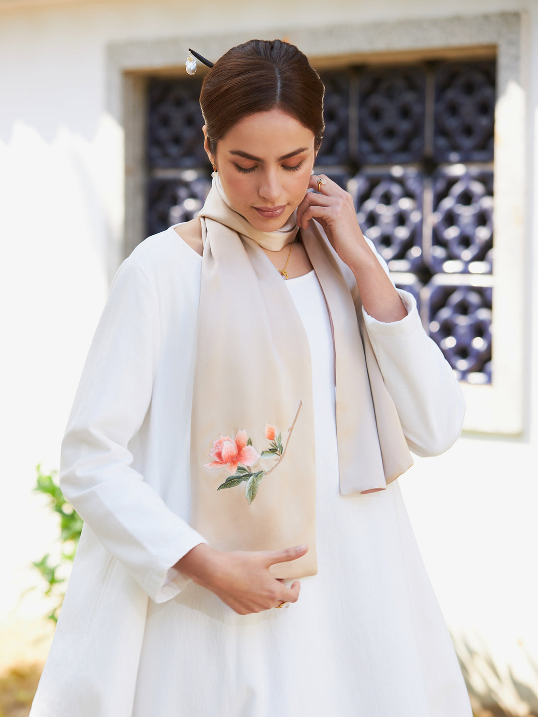 Exquisite Chinese Handcrafted Silk Scarf with Orange Blossom Embroidery, Champagne and Pink Double-Sided Fabric