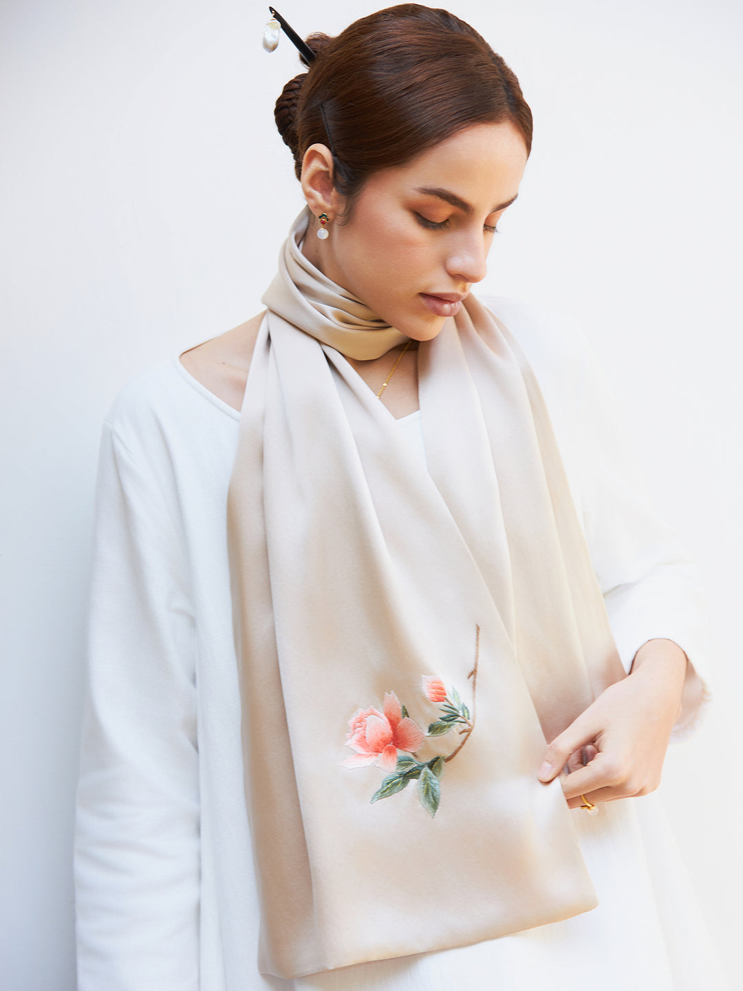 Exquisite Chinese Handcrafted Silk Scarf with Orange Blossom Embroidery, Champagne and Pink Double-Sided Fabric