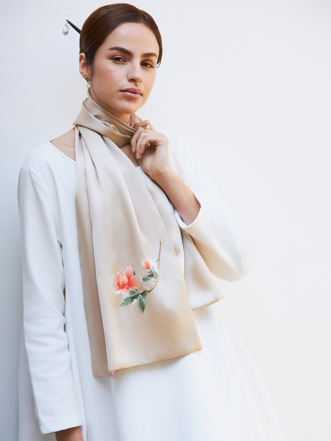 Exquisite Chinese Handcrafted Silk Scarf with Orange Blossom Embroidery, Champagne and Pink Double-Sided Fabric
