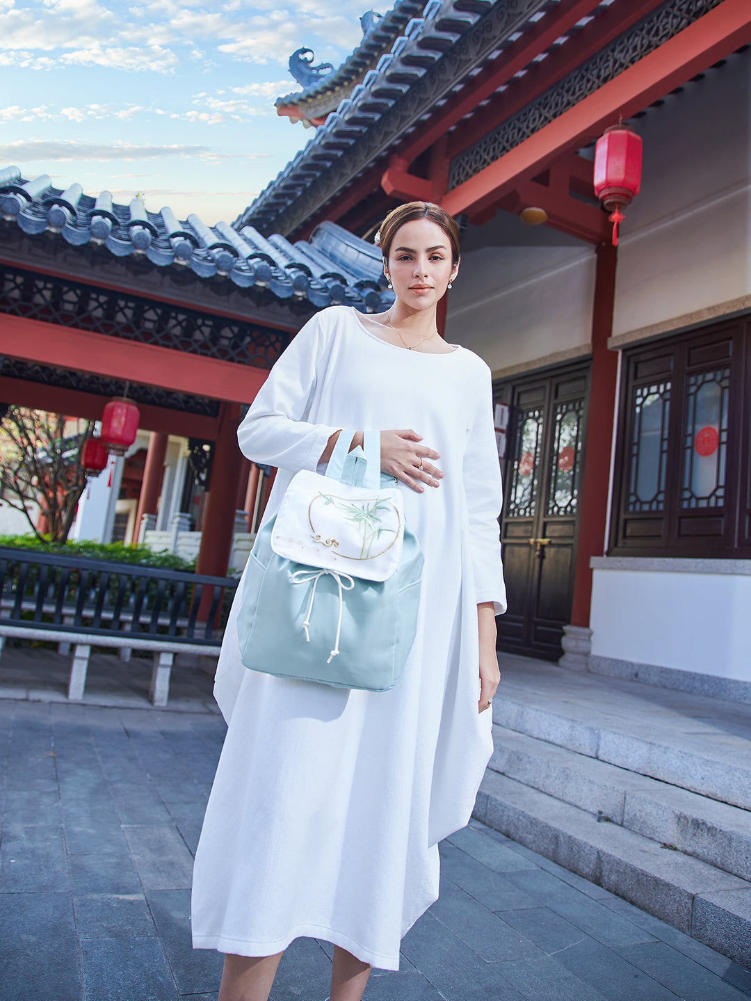 Exquisite Artistic Large Canvas Backpack with Embroideries with Bamboo Pattern and Blue Color Fabric