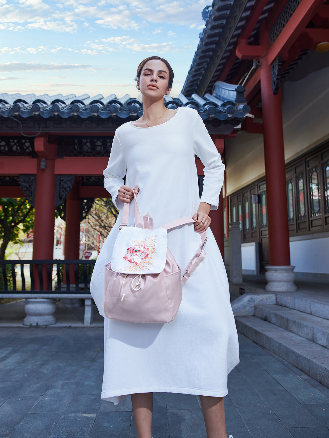 Exquisite Artistic Large Canvas Backpack with Embroideries Tree Peony Pattern and Pink Color Fabric
