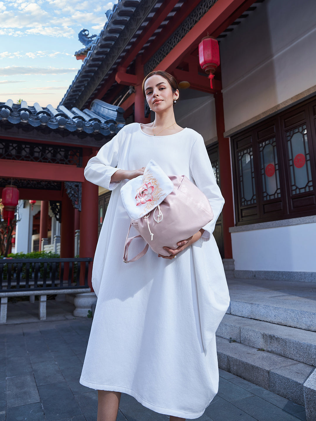 Exquisite Artistic Large Canvas Backpack with Embroideries Tree Peony Pattern and Pink Color Fabric