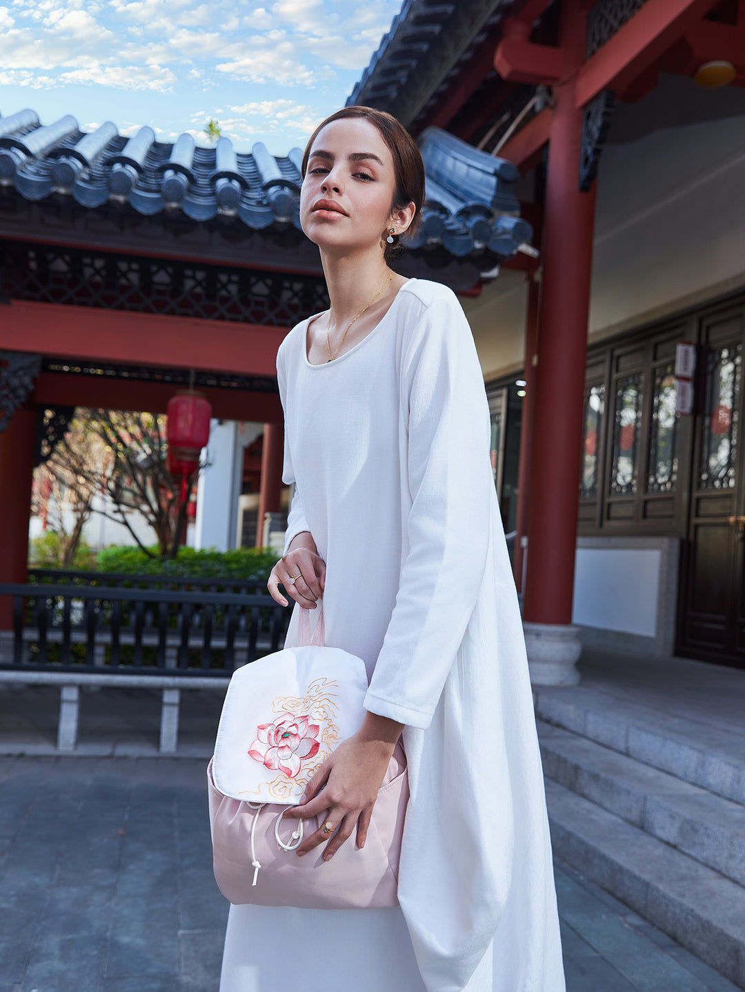 Exquisite Artistic Large Canvas Backpack with Embroideries Tree Peony Pattern and Pink Color Fabric