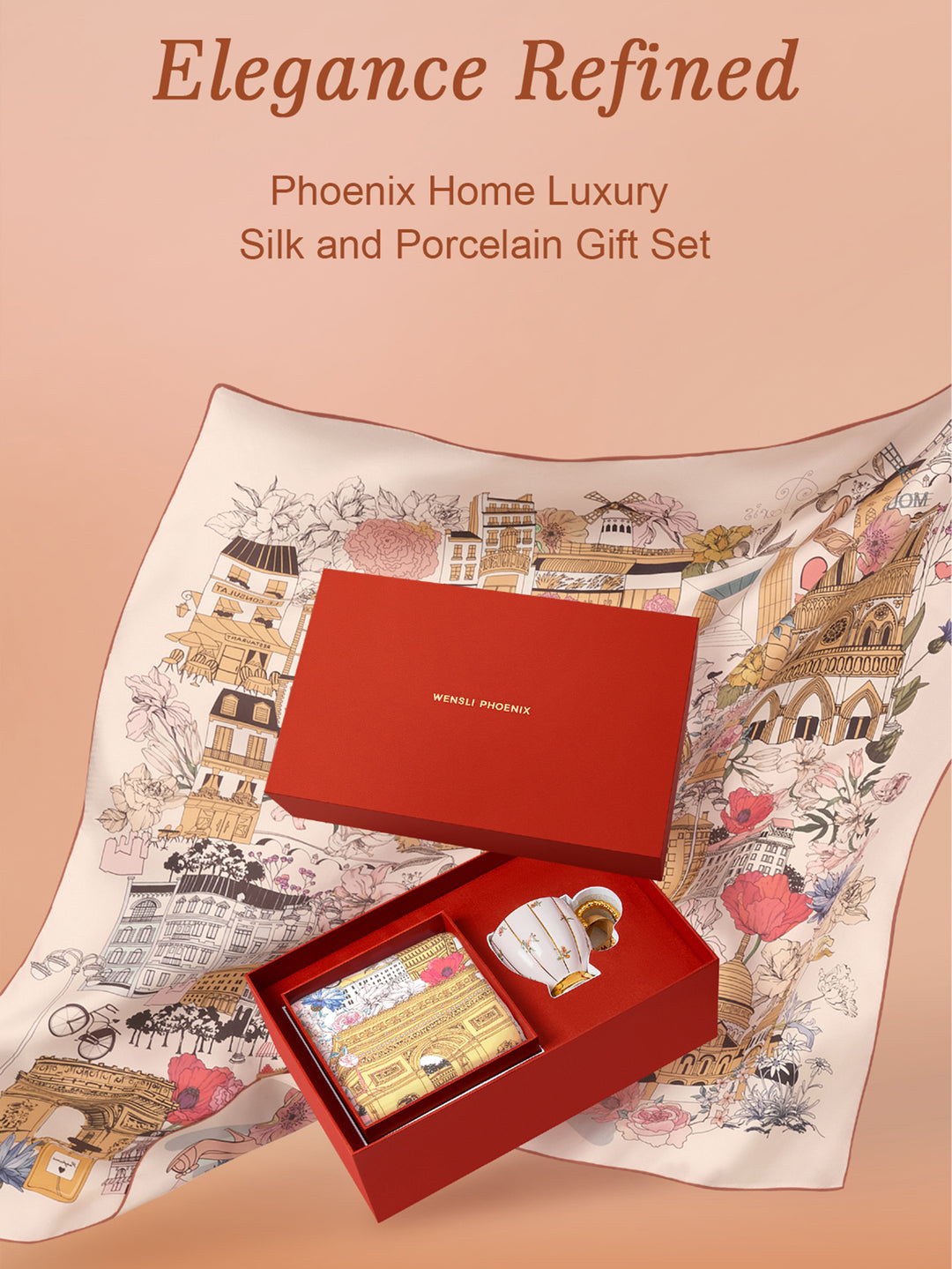 Craftsmanship Mulberry Silk and Porcelain Set, Wensli Phoenix Home Elegance Refined