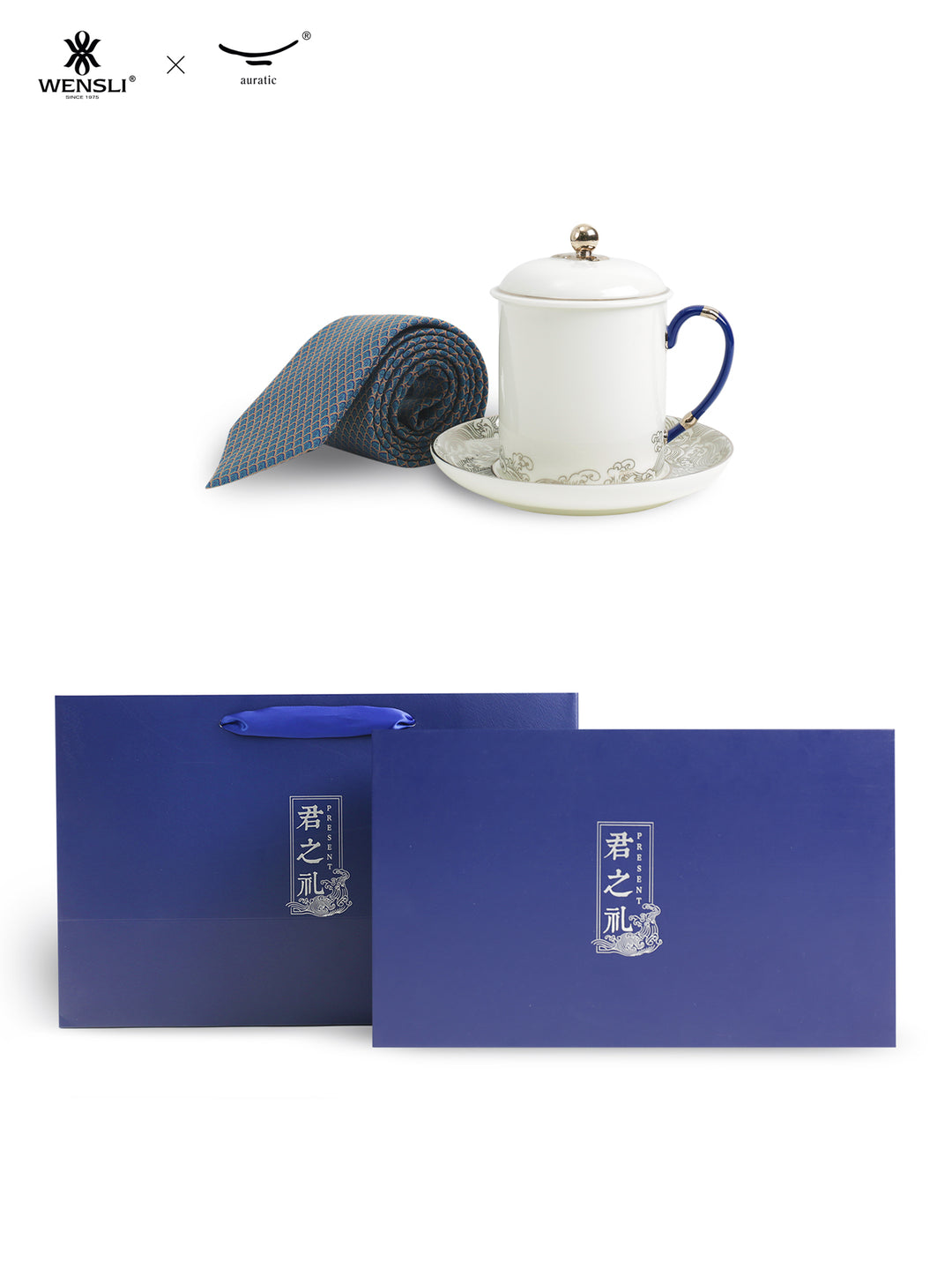 Craftsmanship Men's Silk Tie & Ceramic Tea Set Gift Box with Chinese Symbolism, WENSLI Imperial Dragon Collection