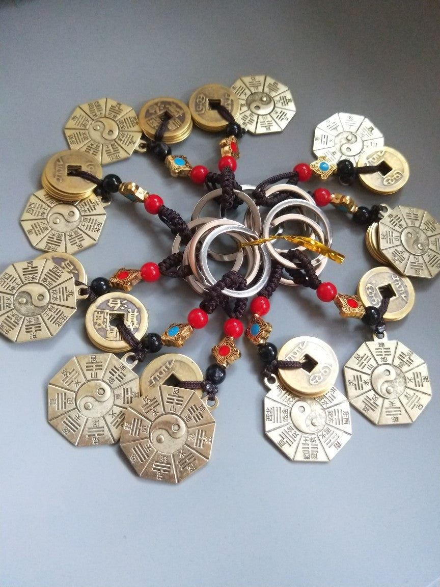 Feng Shui Keychain - Qian Kun Bagua Taiji Alloy Keyring for Luck & Protection (Chinese Taoist Nine Palaces)