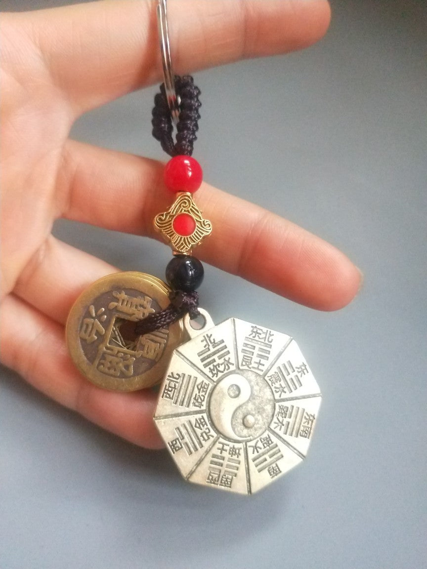 Feng Shui Keychain - Qian Kun Bagua Taiji Alloy Keyring for Luck & Protection (Chinese Taoist Nine Palaces)