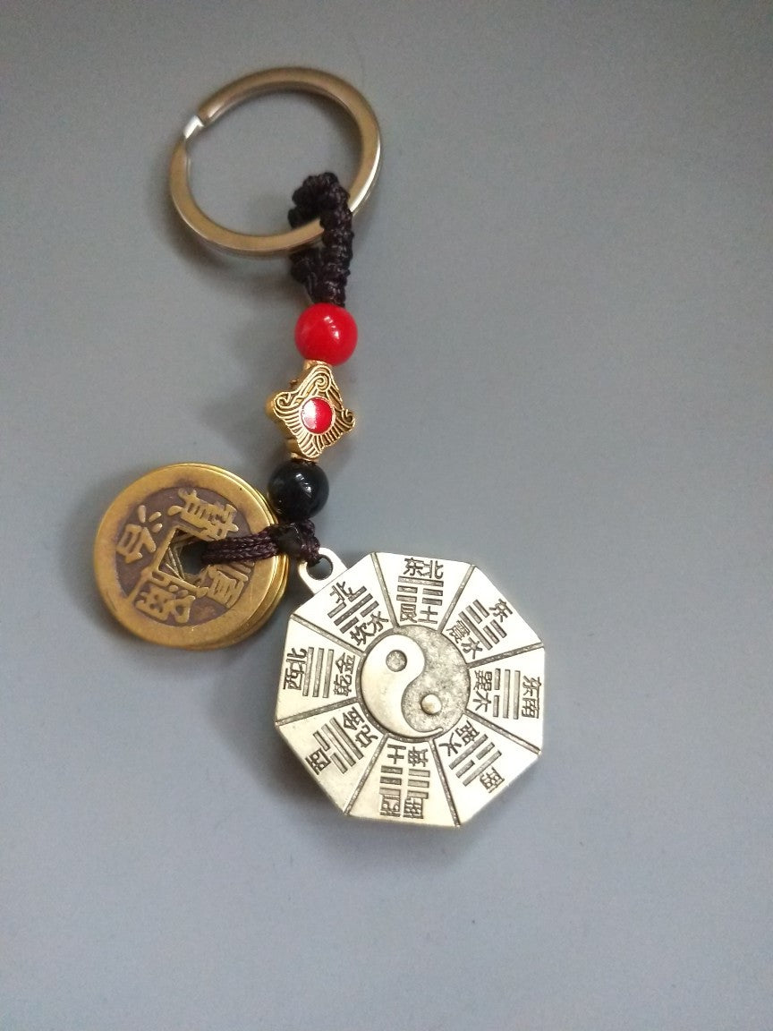 Feng Shui Keychain - Qian Kun Bagua Taiji Alloy Keyring for Luck & Protection (Chinese Taoist Nine Palaces)