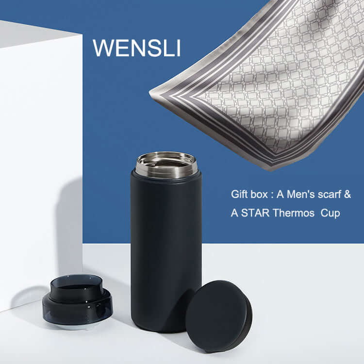 Elegant silk scarf and black insulated thermos set for modern men, offering style and functionality.