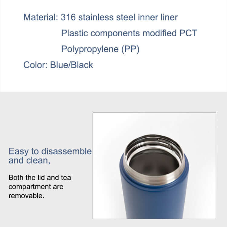 Blue thermos with 316 stainless steel inner liner and removable lid, easy to clean and disassemble, ideal for modern businessmen.