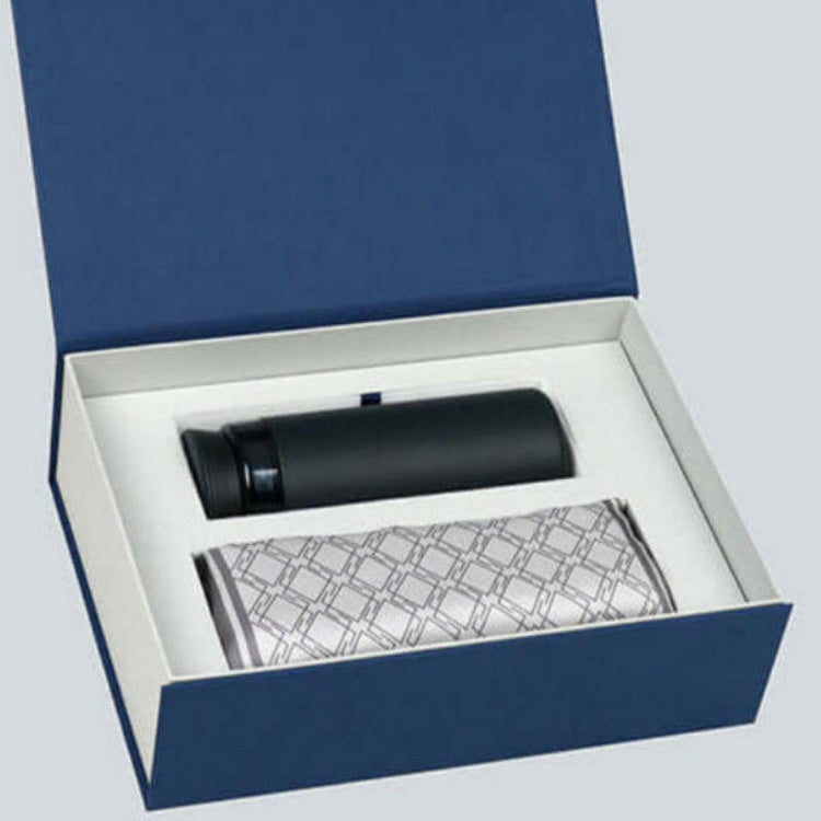 Elegant silk scarf and insulated thermos set for modern men in an open blue gift box