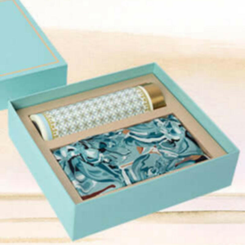 Luxurious silk scarf and thermos set with exquisite peony design in elegant gift box.