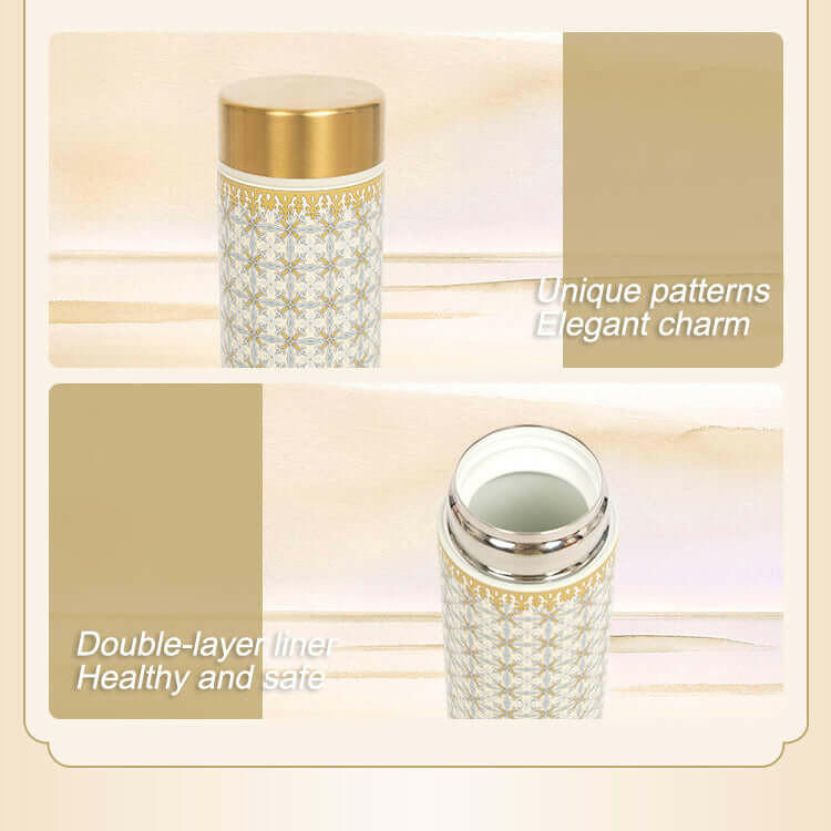 Luxurious thermos with elegant peony design, featuring unique patterns and double-layer liner for health and safety. Ideal for the modern woman.