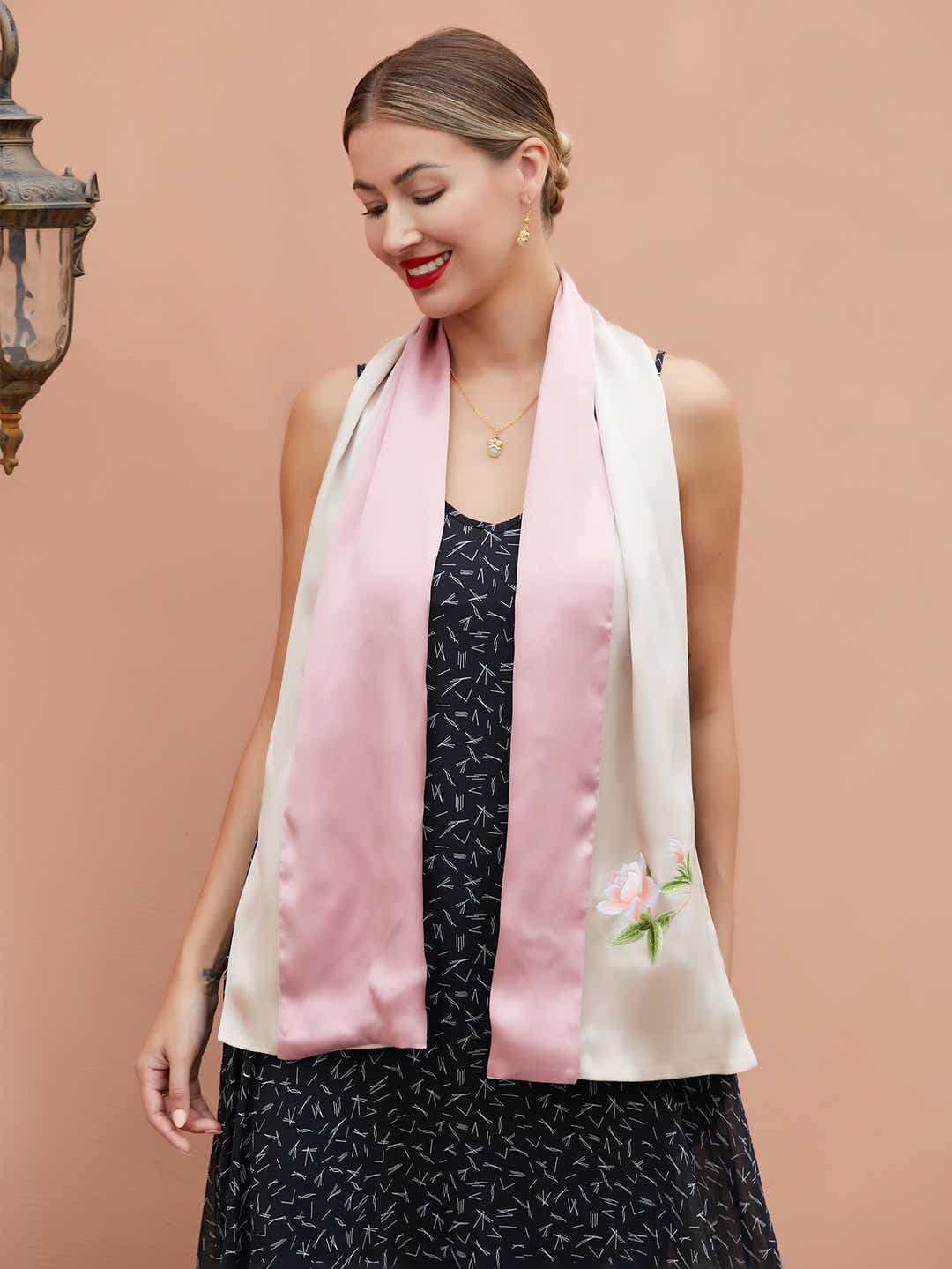 Full view of champagne-pink silk scarf with Suzhou embroidery of orange blossoms, reflecting the luxury and sophistication of Chinese craftsmanship.